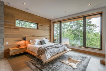 Modern Bedroom Interior Overlooking Beautiful Natural Scenery.