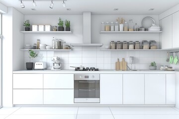 A modern white kitchen with a stove top oven. Perfect for home decor blogs or interior design websites.