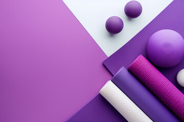 Fitness and wellness gear for yoga displayed on a purple backdrop - obrazy, fototapety, plakaty