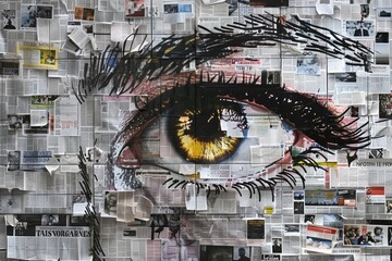A collage of newspapers featuring a striking image of a persons eye, symbolizing vigilance and awareness amidst trust erosion