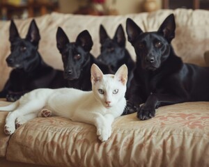 Several black dogs and a white cat relaxing together on a couch.