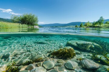 Majestic Mountains and Serene Lake Under Clear Blue Sky.