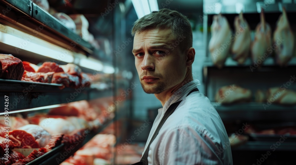 Poster A man standing in front of a rack of meat. Suitable for butcher shop promotions.
