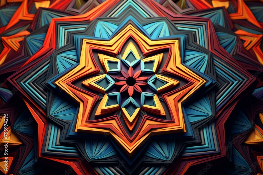 Poster a close up of a 3d hypnotic pattern with intricate and hypnotic geometric symmetry and mesmerizing c