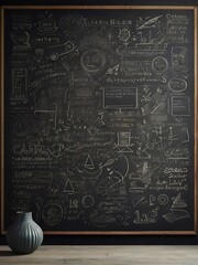 A textured blackboard background adorned with doodles, equations, and sketches, showcasing the creative chaos of a bustling classroom. 