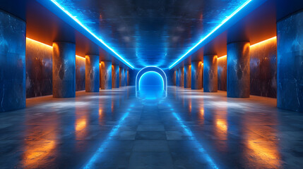 light at the end tunnel, Blue neon-lit corridor with reflective floor. Futuristic architecture photography. Sci-fi and cyberpunk design concept