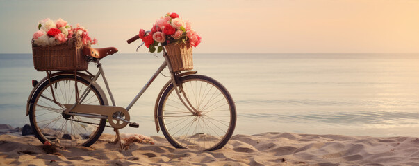 Vintage bicycle with flowers standing against summer sea background.