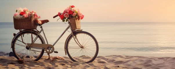 Papier Peint photo Lavable Vélo Vintage bicycle with flowers standing against summer sea background.