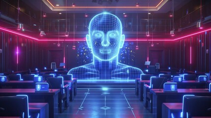In a conceptual scene of a future courtroom, facial recognition technology assists in witness and criminal identification, set in a neon-tone, digital graphic style. - obrazy, fototapety, plakaty