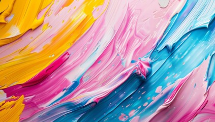 Abstract painting background with pink, yellow and blue brush strokes on white canvas.