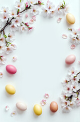 Naklejka na ściany i meble Easter holiday frame, colorful eggs and cherry blossom branches on a white background,Flat lay, copy space