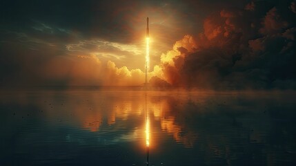 A dynamic scene of a golden rocket launch, with the rocket's reflection shimmering against a dark, serene lake below, neon tone