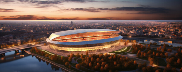 Modern new soccer stadium in evening sunset light, top view. - obrazy, fototapety, plakaty