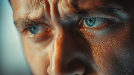 Close up of a Caucasian mans determined blue eyes and furrowed brow