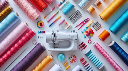 A variety of sewing items including fabric, threads, and a sewing machine on a white background, focusing on the craft of sewing .