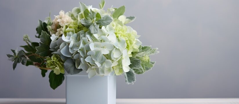 Hydrangea eucalyptus bouquet in white box on bright background