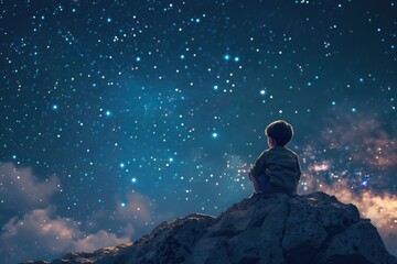 Fototapeta na wymiar Young boy sitting on a rock, gazing at the stars. Ideal for educational or inspirational content.