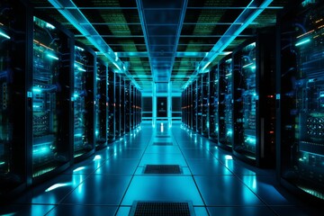 Fototapeta premium A computer server farm processing data for neural network training