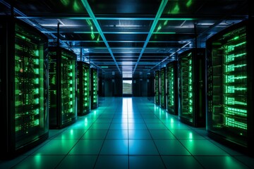 Fototapeta premium A computer server farm processing data for neural network training