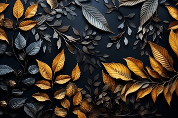 A dark black background adorned with intricate gold leaves and delicate flowers, creating a striking contrast.
