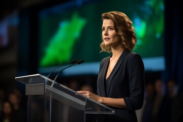 A woman is standing at a podium, confidently speaking into a microphone to address an audience.