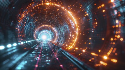 AI effectively harnesses quantum tunneling to tackle intricate logistics, with a neon hue and digital graphics flair. - obrazy, fototapety, plakaty