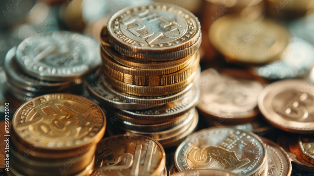 Poster a pile of coins sitting on top of a table. ideal for financial concepts.