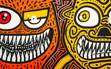 Close-up of the faces of two monsters with an evil grin and sharp teeth. The evil creature is drawn. Creepy grimace of a scary character. A fairy-tale character. An illustration of a varied design.