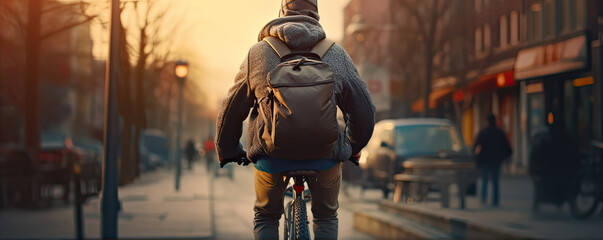 Man with backpack on his bicycle drive through city roads. - obrazy, fototapety, plakaty