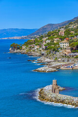 Scenic view of town of Recco and Ligurian coast, Genoa Province, Italy. 