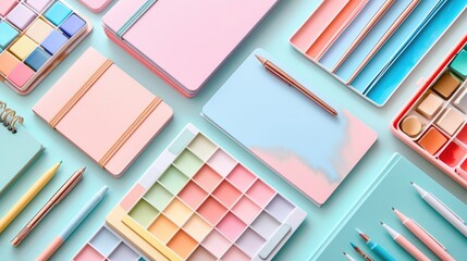 A vibrant, artistic stationery set with pastel-colored notepads, rose gold pens, and watercolor palettes, arranged on a pure white surface for a fresh, creative vibe