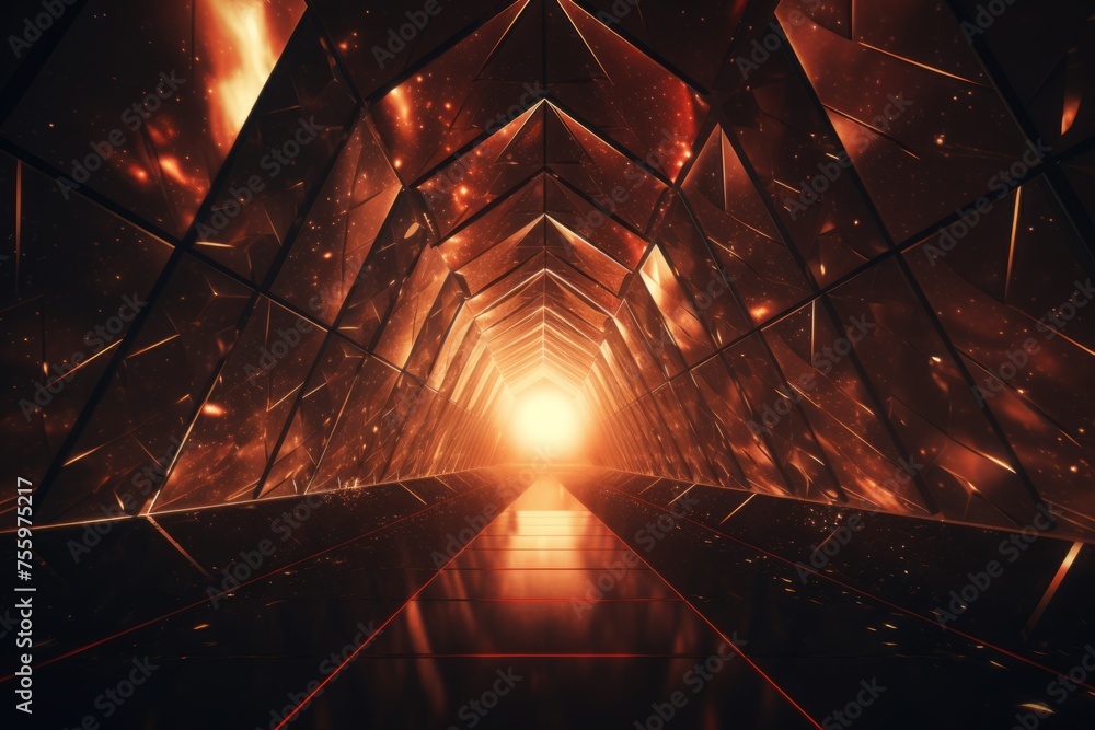 Poster a dynamic shot of a 3d geometric tunnel with kaleidoscopic visual effects