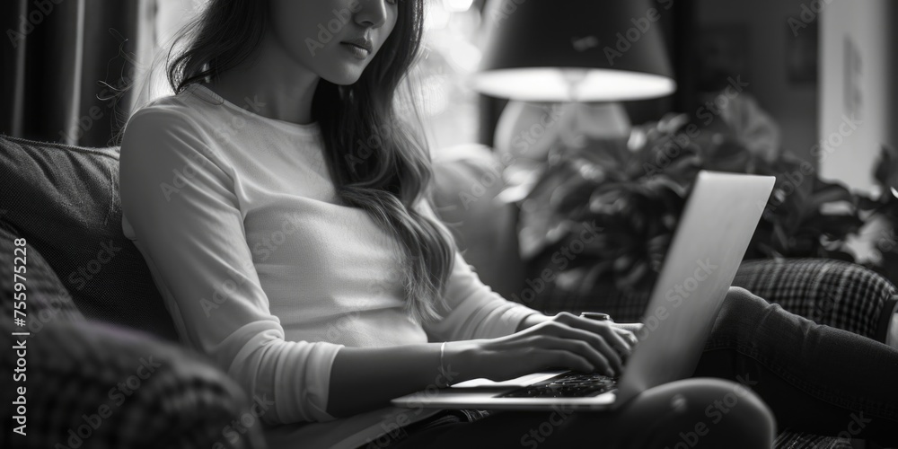 Poster woman sitting on a couch using a laptop. perfect for technology and remote work concepts.