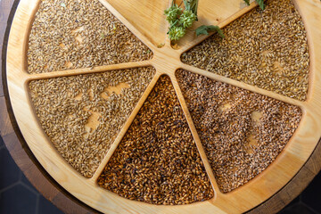 Various types of malting malt and a dried branch of hops on a wooden tray.