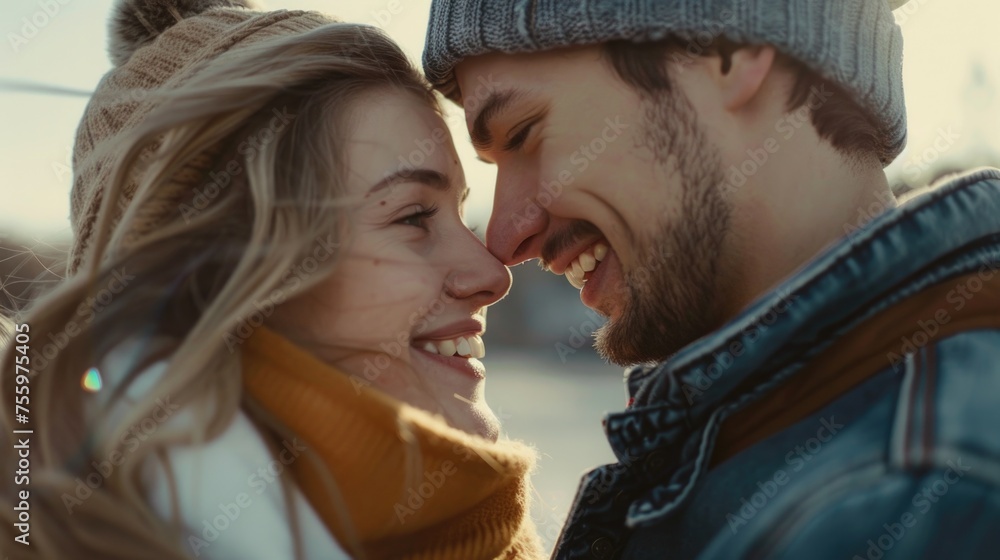 Poster a happy man and woman smiling at each other. suitable for various concepts.