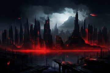 A dystopian cityscape at night, illuminated by eerie red lights