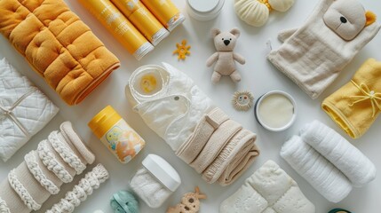 Eco-friendly diapers and baby care products arranged on a white surface, focusing on sustainable parenting.