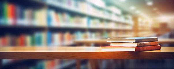 Bookshelf in school education place. Books in row with blured back.