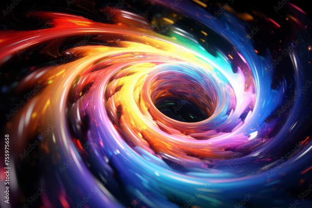Poster a fluid motion shot of a 3d toroidal spiral rotating gracefully in a colorful space
