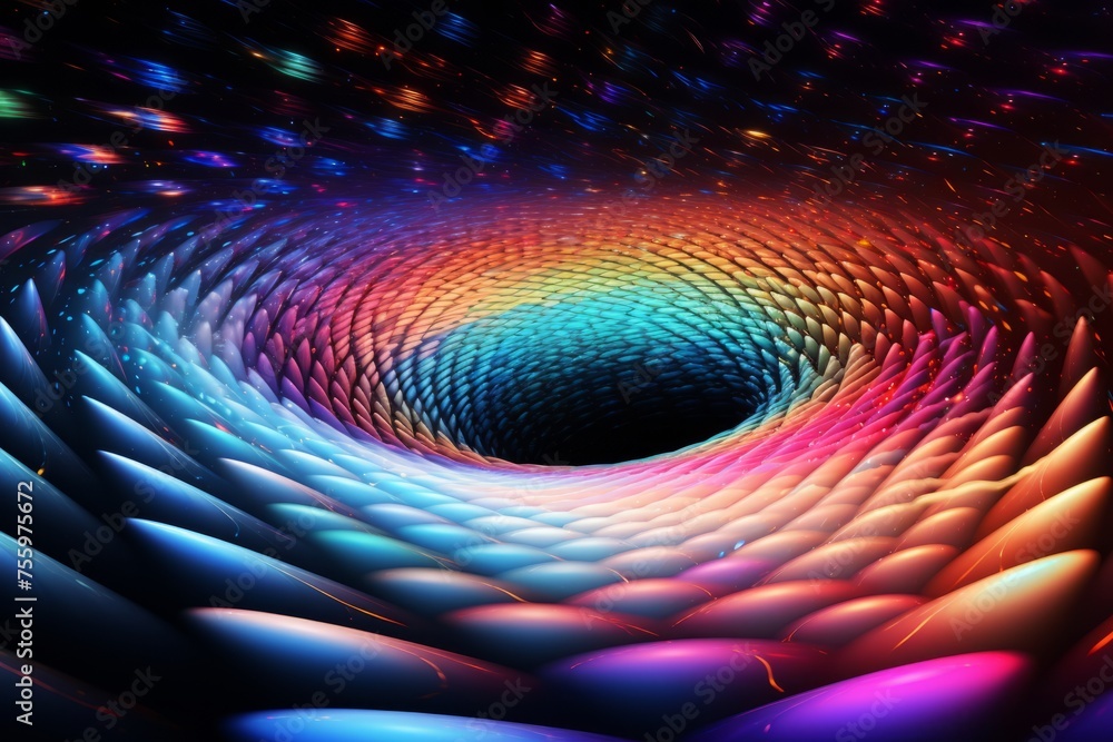 Poster a fluid motion shot of a 3d torus rotating gracefully in a colorful space