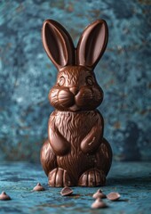 chocolate easter bunny decoration, isolated on blue background. luxury chocolate, easter holiday. delicious milk, dark chocolate bunny.
