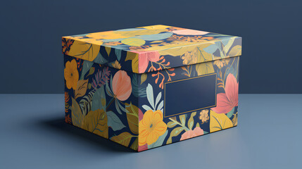 Floral Patterned Gift Box on Blue Background Elegant Packaging Design