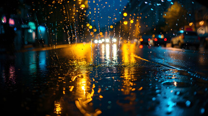 Raindrops on Window with Blurred Street Lights at Night