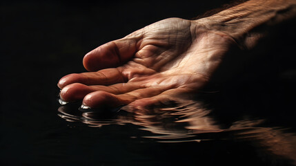 Hand Touching Water Surface with Reflection and Ripples