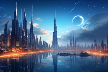 A futuristic cityscape with soaring skyscrapers and advanced technology