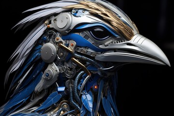 A bird constructed from mechanical parts captured against a black backdrop, showcasing intricate details and futuristic design.