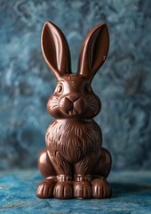 chocolate easter bunny decoration, isolated on blue background. luxury chocolate, easter holiday. delicious milk, dark chocolate bunny.