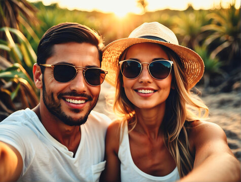 selfie portrait of young couple in love smiling at sunset wearing sunglasses and straw hat, lifestyle and adventure concept, people and romance