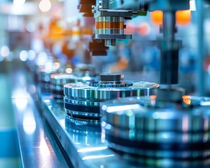 A detailed view of a machine in action, showing intricate components working together smoothly.