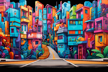 Obraz premium Witness the urban landscape come alive with the vibrant colors and bold strokes of a street art mural.
